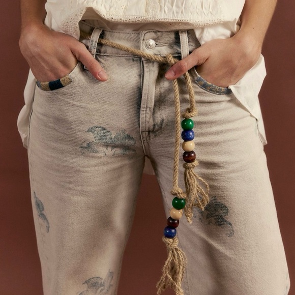 FREE PEOPLE Geranium Slouchy Straight Jeans W Belt NEW 31 Patchwork Fields Fog